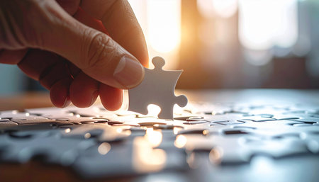 Hand of businessman connecting jigsaw puzzle piece to complete the mission.の素材