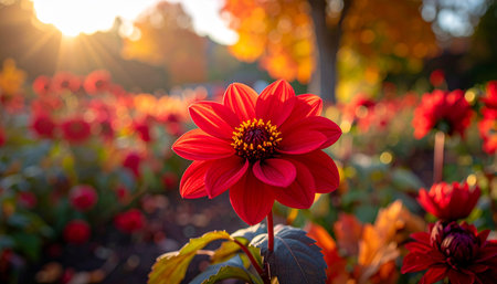 Beautiful red dahlia flower in the garden at sunset.の素材