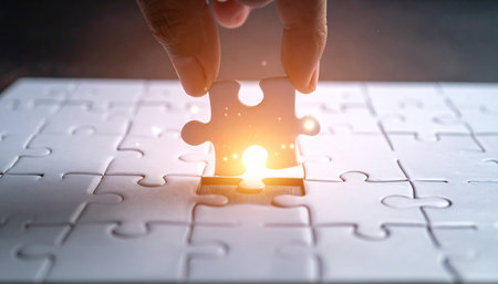 Close up of human hand connecting jigsaw puzzle piece. Mixed mediaの素材