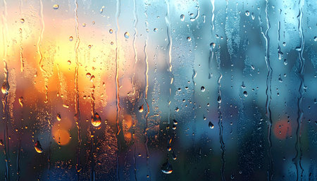 Rain drops on window glass with bokeh background, close upの素材
