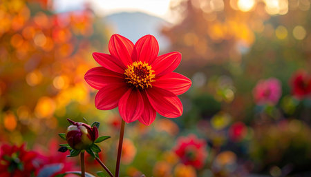 Colorful dahlia flower in the garden with sunlight background.の素材