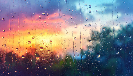 Rain drops on window glass with colorful sunset sky background. Abstract background.の素材