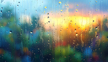 Rain drops on window glass with blurred background. Abstract natural background.の素材