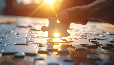 Hand connecting jigsaw puzzle piece. Business solution and success concept.の素材