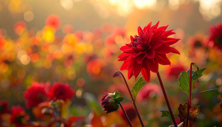 Beautiful red dahlia flower in the garden at sunset.の素材