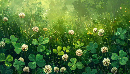 Green clover meadow with clover flowers. Vector illustration.の素材