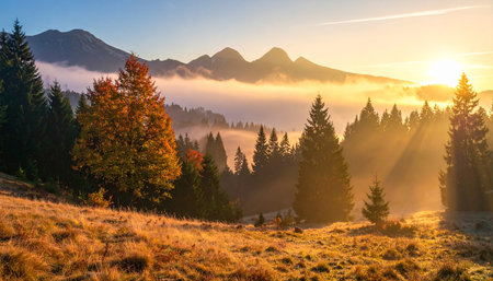 Foggy morning in the Carpathian mountains. Ukraine, Europe.の素材