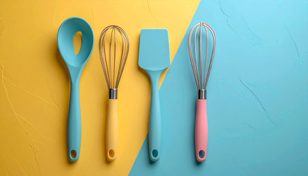 Set of kitchen utensils on color background. Top view with copy spaceの素材