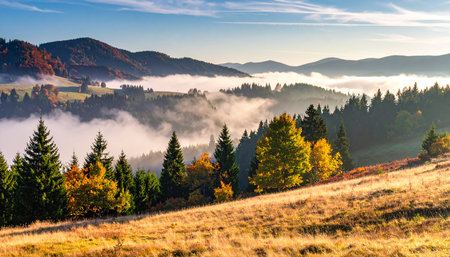 Morning in the Carpathian mountains with fog and colorful trees.の素材