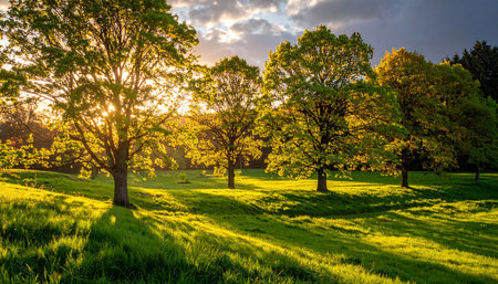 Sunset in the park with trees and grass on a meadowの素材
