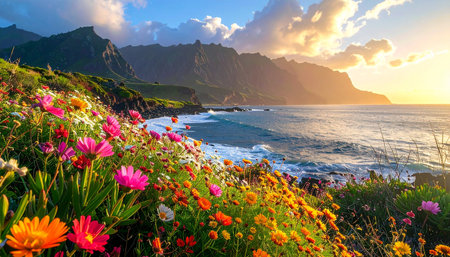 Colorful flowers at sunset on the coast of Madeira Island, Portugalの素材