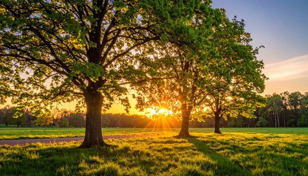 Sunset over a meadow with a large oak tree in the foregroundの素材
