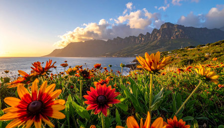 Sunset over the sea and flowers in the foreground, Cape Town, South Africaの素材