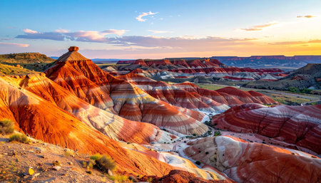Sunset over Rainbow Buttes in Petrified Forest National Park, Arizona, USAの素材