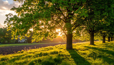 Sunset over a field in spring with trees in the foreground.の素材