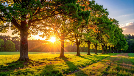 Sunset in the park. Beautiful summer landscape with sunbeamsの素材