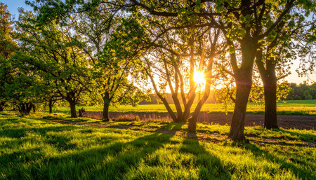 Sunset or sunrise in an orchard with trees and grass in springの素材
