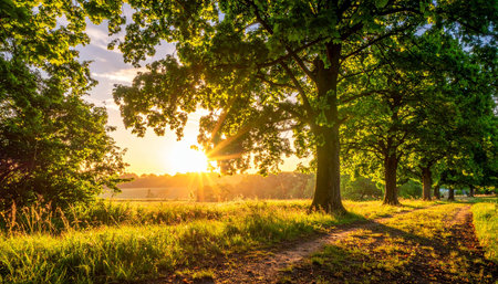 Sunset over the lake with trees and grass on the foreground.の素材