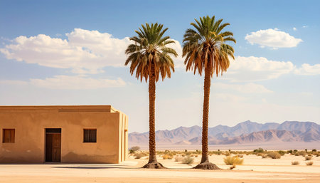 Palm trees and house in the middle of the Sahara desert, Moroccoの素材