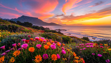 Sunset over the sea with flowers in the foreground, Cape Town South Africaの素材