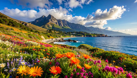 Colorful flowers at the coast of the island of Sicily, Italyの素材