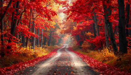 Autumn road in the forest with red and yellow maple leaves.の素材