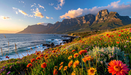 Sunset in Cape Town, South Africa. Colorful flowers in foreground.の素材