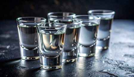 Alcohol shots on a black stone table. Selective focus.の素材