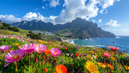 Colorful flowers on the Atlantic coast of the island of Madeira, Portugalの素材
