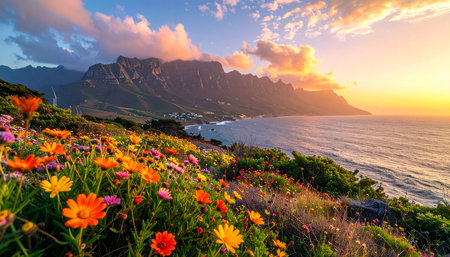 Sunset over the sea with flowers in the foreground, Cape Town, South Africaの素材
