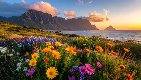 Colorful spring flowers in the foreground, Lofoten islands, Norwayの素材
