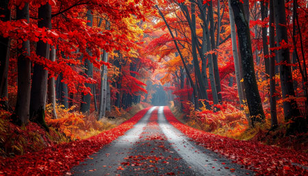 Autumn road in the forest with red leaves. Nature background.の素材