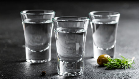 Vodka in shot glasses with olives and rosemary on black backgroundの素材