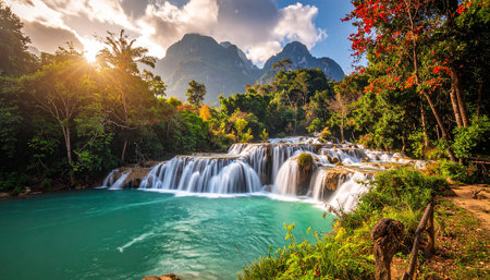 Huay Mae Khamin waterfall in Kanchanaburi province, Thailandの素材