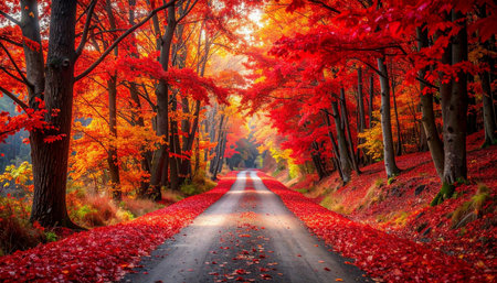 Autumn road in the forest. Beautiful autumn landscape with road and treesの素材