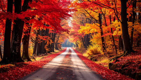 Beautiful autumn landscape with road in the forest. Fall season.の素材