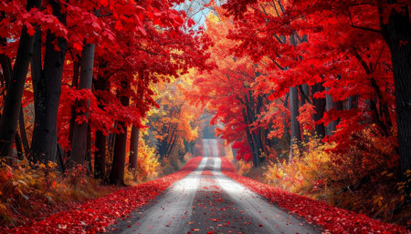 Road in the autumn forest with red maple leaves. 3d renderingの素材