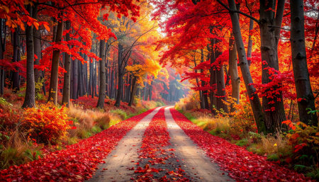 Beautiful autumn landscape with colorful trees and road in the forest.の素材