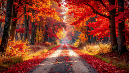 Beautiful autumn landscape with colorful forest and road. Nature background.の素材