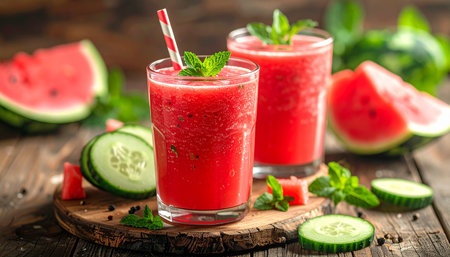 Watermelon smoothie with mint and cucumber on a wooden backgroundの素材