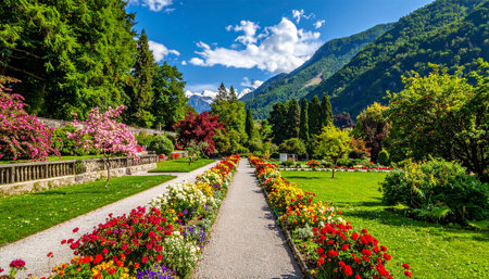 Beautiful alpine garden with flowers and path leading to the mountainsの素材