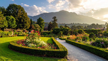 Beautiful view of the botanical garden at sunset in Sochi, Russiaの素材