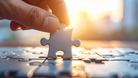 Close up hand of businesswoman assembling jigsaw puzzle with sunlight effectの素材