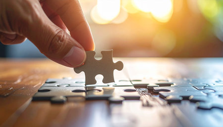 Hand connecting jigsaw puzzle piece on wooden table, business solutions conceptの素材