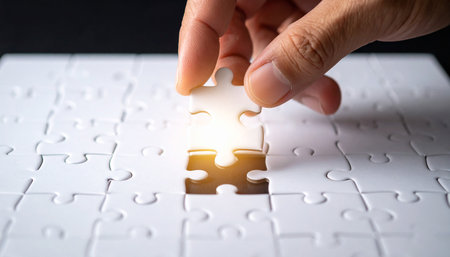 Hand connecting missing jigsaw puzzle piece. Business solutions and success concept.の素材