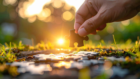 Hand of woman connecting jigsaw puzzle piece on green grass at sunsetの素材