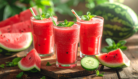 Watermelon smoothies with mint and watermelon slices on wooden backgroundの素材