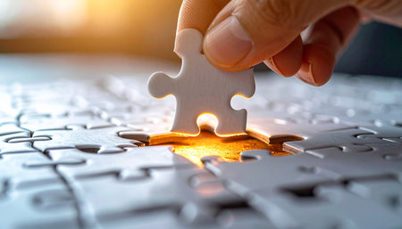 Close up of hand of businesswoman completing jigsaw puzzle. Business solutions and strategy conceptの素材
