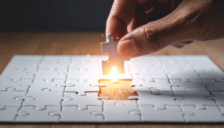Close up of businessman hand connecting jigsaw puzzle piece on wooden deskの素材