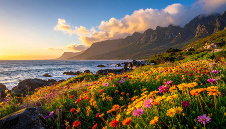 Sunset over the ocean with colorful flowers in foreground, Cape Town, South Africaの素材